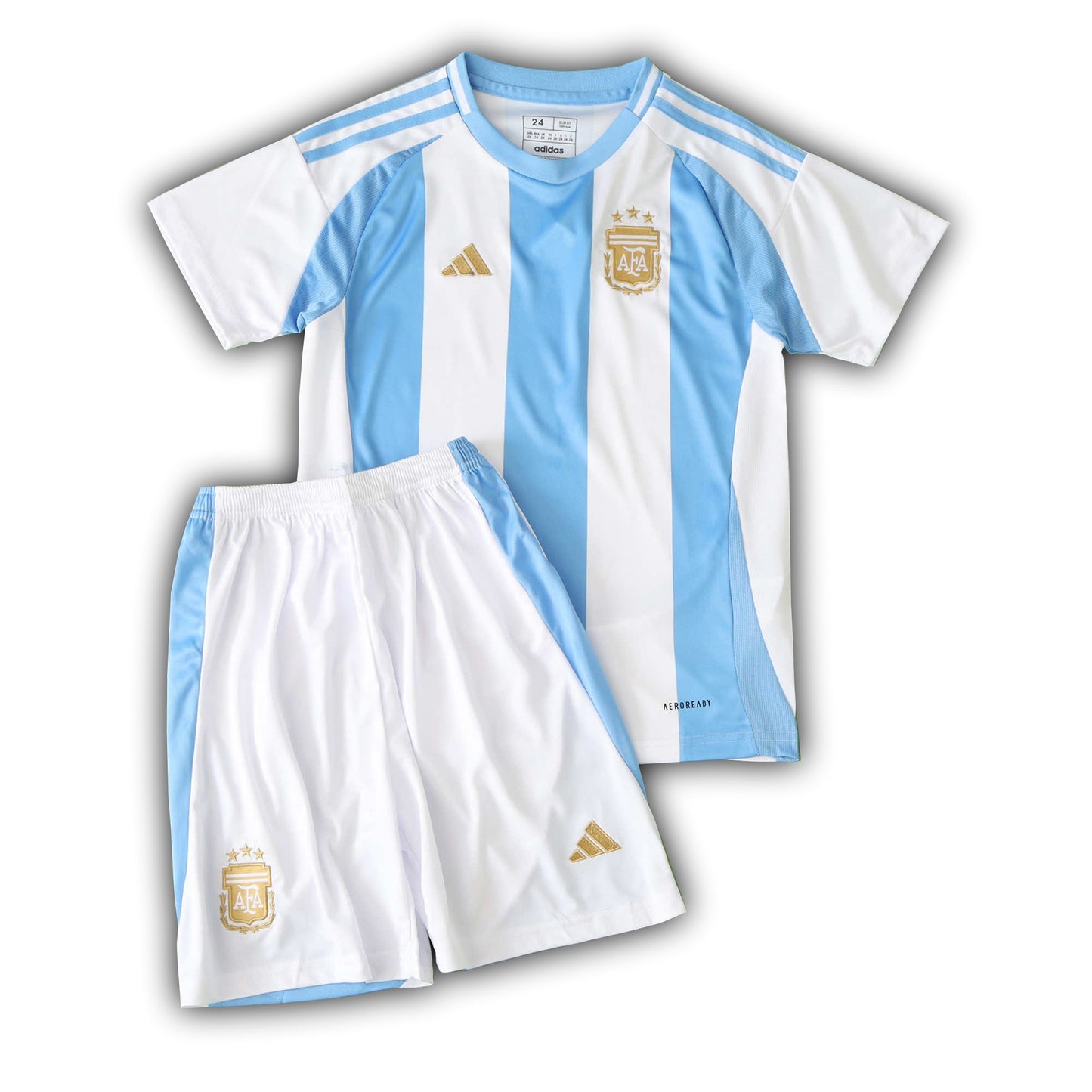 Argentina 2024/25 home football kit for kids – Messi #10 jersey and white shorts with AFA crest and gold accents