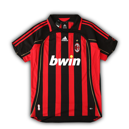 AC Milan 2006/07 home football jersey featuring Kaka #22, Ronaldinho #80, and Maldini #3