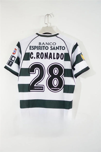 Sporting Lisbon 2001–2003 home football jersey featuring Cristiano Ronaldo #28 in green and white hoops