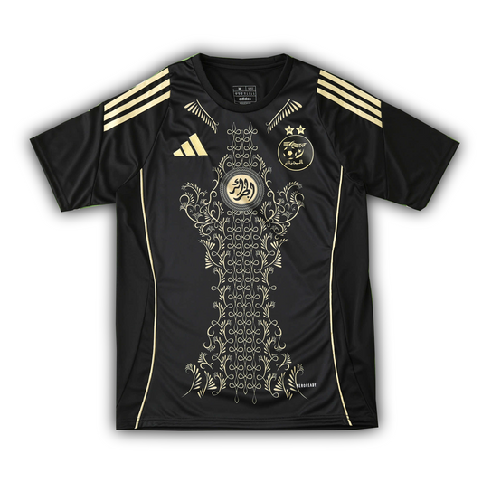 lgeria 2024/25 concept football jersey fan version in black with gold Arabic calligraphy and floral patterns