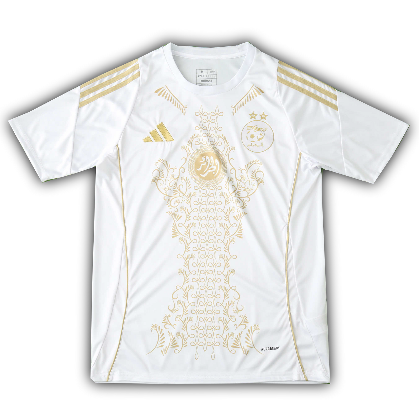 Algeria 2024/25 concept football jersey fan version in white with gold Arabic calligraphy and floral design