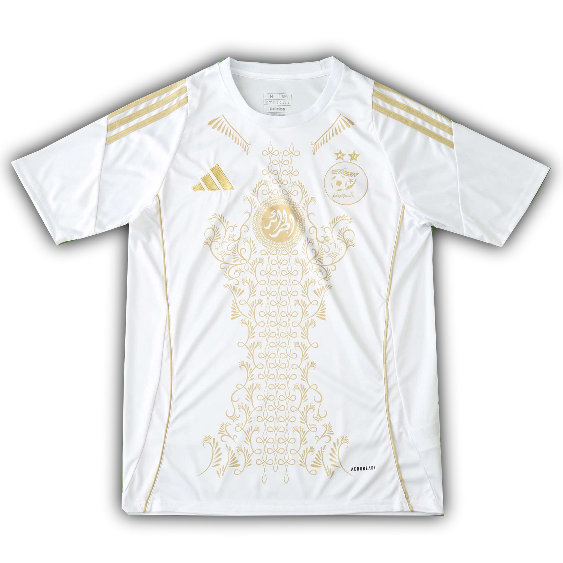 Algeria 2024/25 concept football jersey fan version in white with gold Arabic calligraphy and floral design