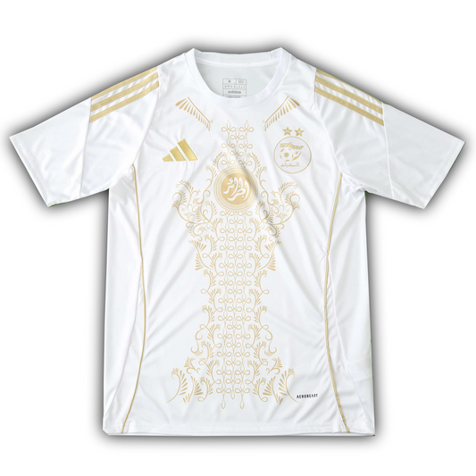 Algeria 2024/25 concept football jersey fan version in white with gold Arabic calligraphy and floral design
