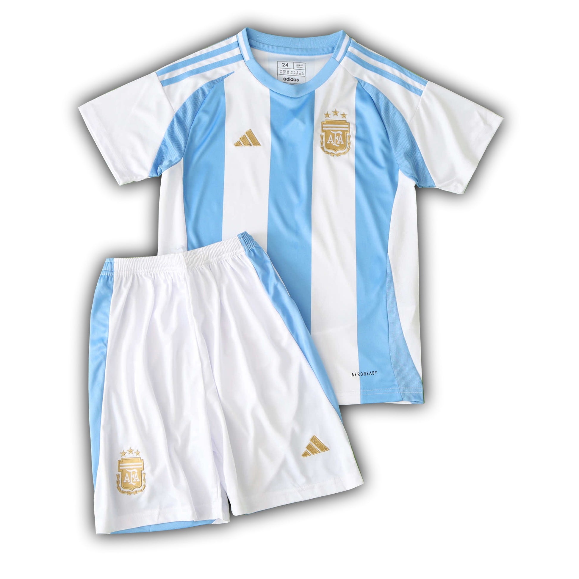 Argentina 2024/25 home football kit for kids – Messi #10 jersey and white shorts with AFA crest and gold accents