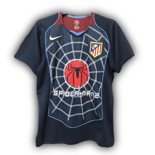 Atlético de Madrid 2004/05 away Spiderman special edition football jersey in navy blue with red Spiderman graphic