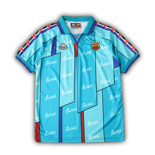 FC Barcelona 1996/97 away retro football jersey by Kappa featuring Ronaldo #9 and Figo #7 in teal with vintage Barça pattern
