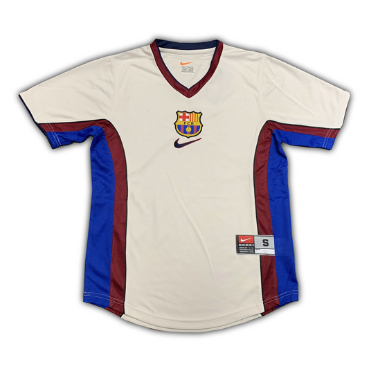 Barcelona FC 1998/99 retro away football jersey with cream body, red and blue side panels,