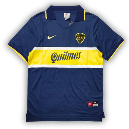 Boca Juniors 1996–97 retro home football jersey with yellow chest band, Quilmes sponsor, featuring maradona