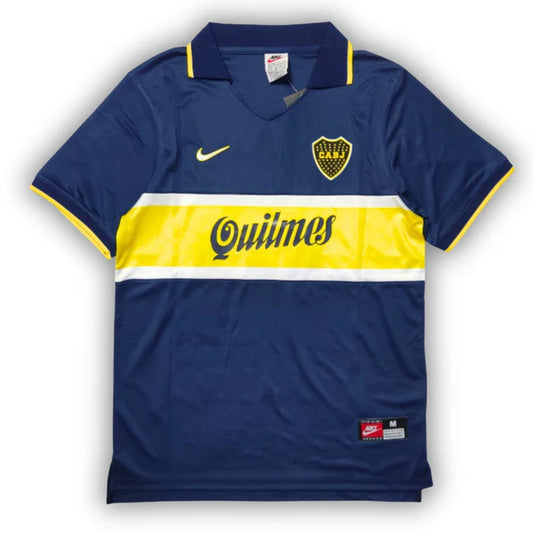 Boca Juniors 1996–97 retro home football jersey with yellow chest band, Quilmes sponsor, featuring maradona