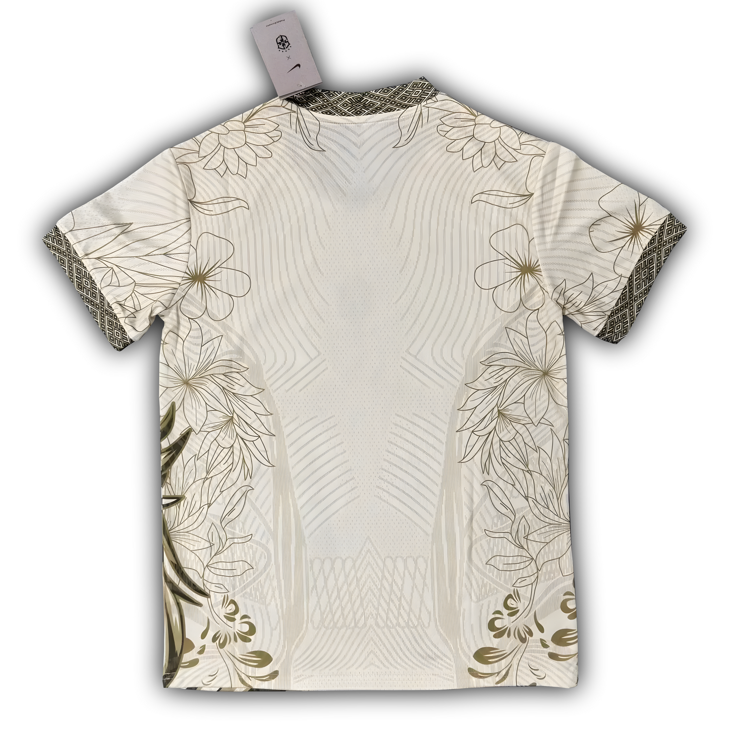 Brazil 2025/26 cream arara parrot concept football shirt back view with gold floral patterns and mesh detailing