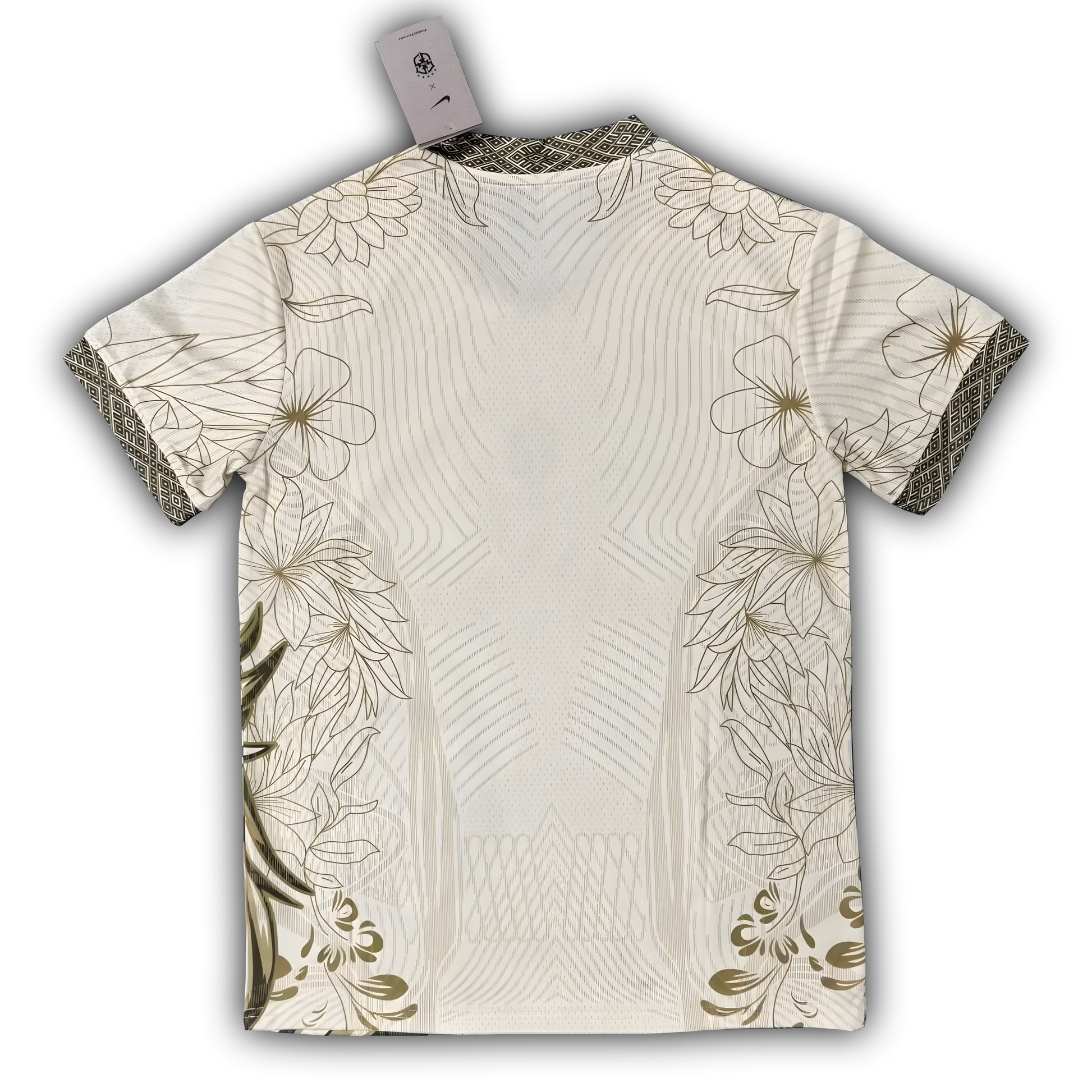 Brazil 2025/26 cream arara parrot concept football shirt back view with gold floral patterns and mesh detailing