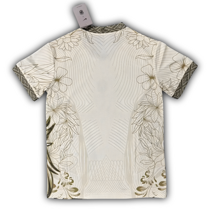 Brazil 2025/26 cream arara parrot concept football shirt back view with gold floral patterns and mesh detailing