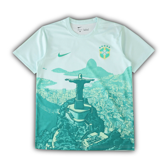 Brazil 2025/26 fan version football jersey featuring Christ the Redeemer statue with Rio de Janeiro cityscape design