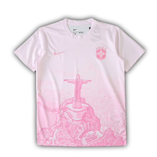 razil 2025/26 pink fan jersey featuring Christ the Redeemer and Rio de Janeiro cityscape design