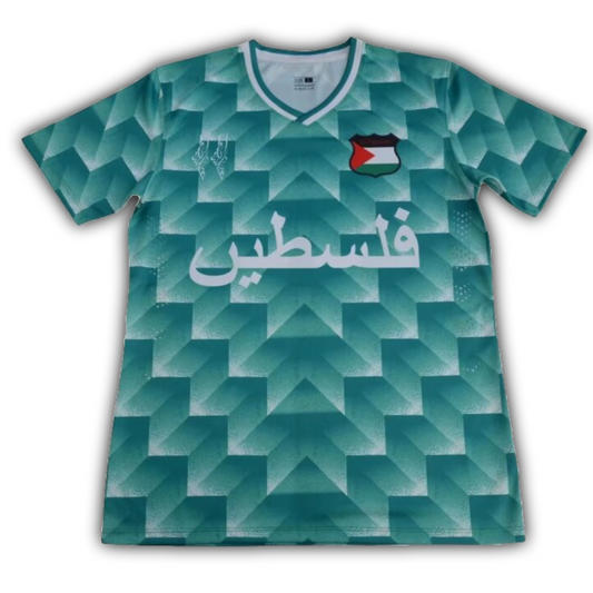 FC Palestina blue football jersey with geometric pattern and Arabic script – short sleeve design