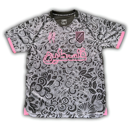 FC Palestina special edition football jersey with grey and black floral design, pink Arabic script and trim