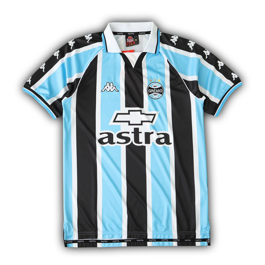 Grêmio FBPA 2000 home football jersey in blue, black, and white vertical stripes