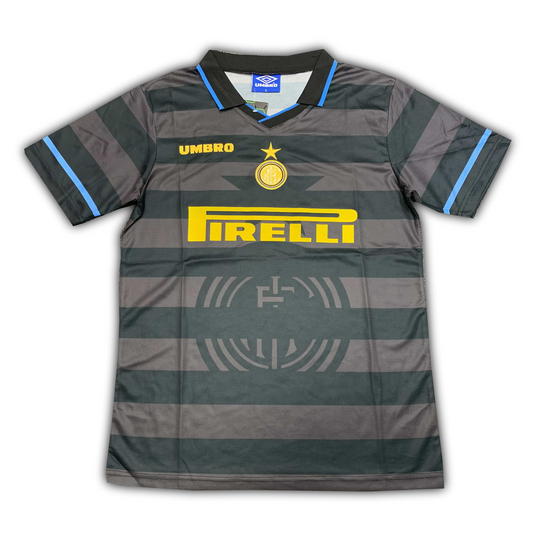 Inter Milan 1997/98 away retro fan jersey with black stripes, Pirelli sponsor, and Ronaldo #10 or Simeone #14