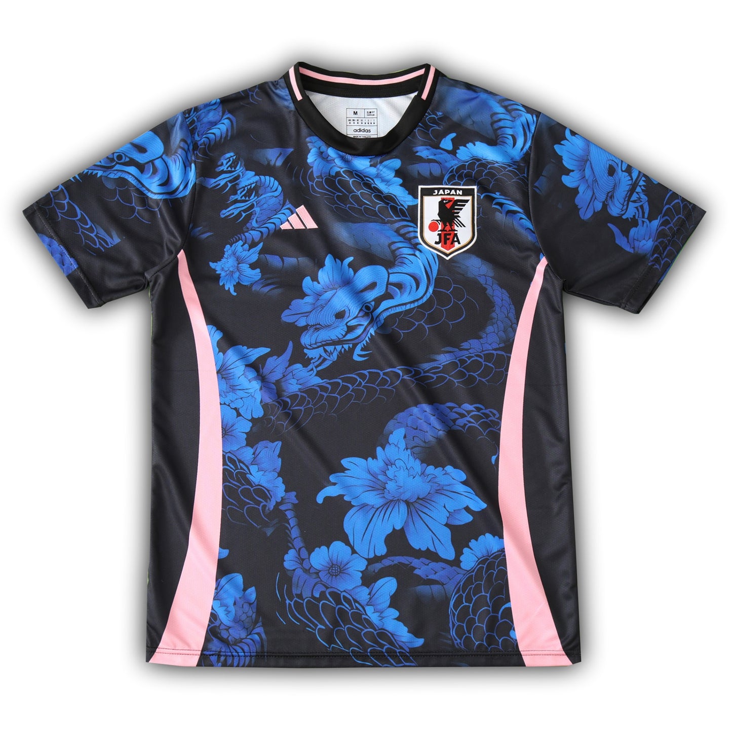 “Japan 2024/25 concept football jersey with blue dragon design, cherry blossoms, and pink side panels