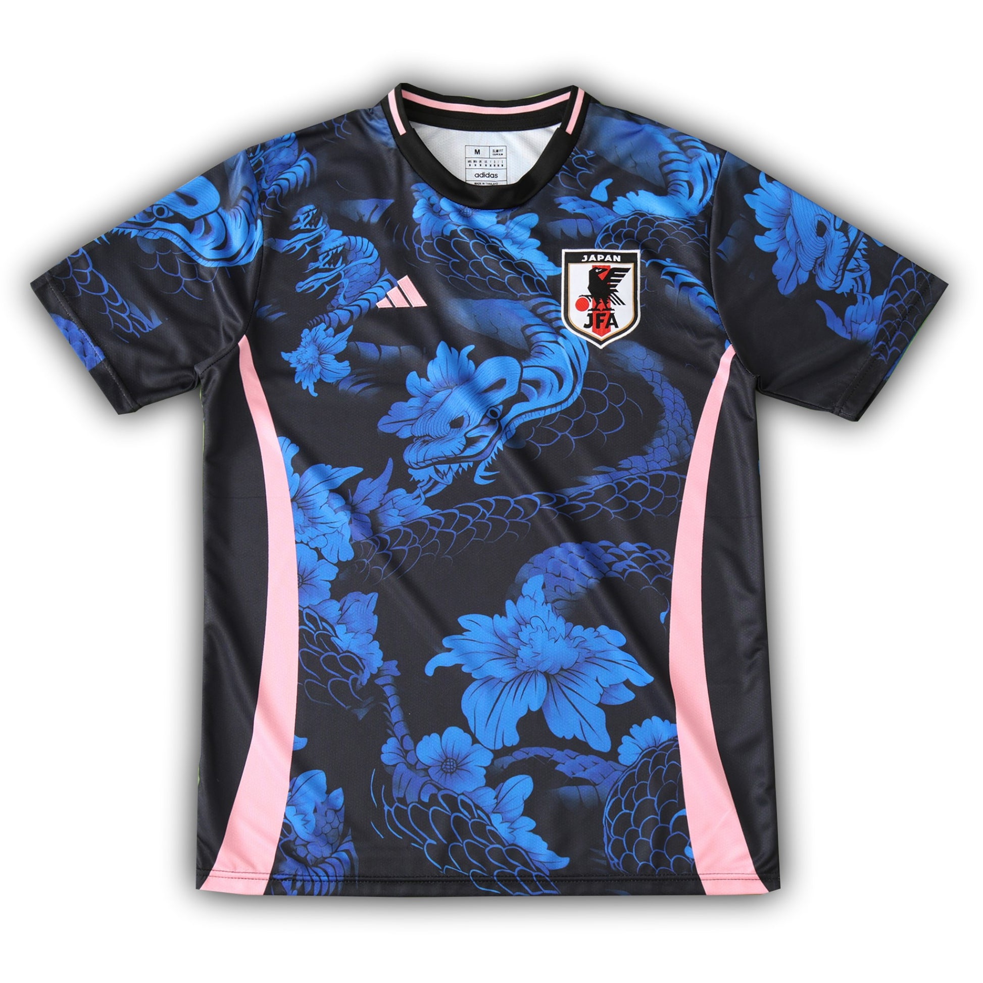 “Japan 2024/25 concept football jersey with blue dragon design, cherry blossoms, and pink side panels
