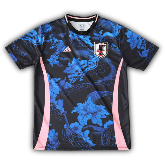 “Japan 2024/25 concept football jersey with blue dragon design, cherry blossoms, and pink side panels