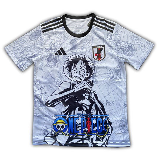 Japan special edition football jersey featuring One Piece anime design with Luffy graphic and Japan FA crest