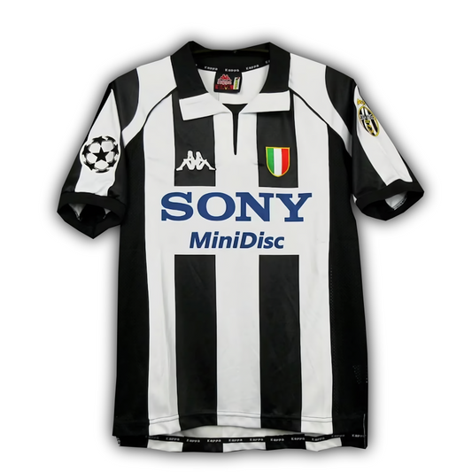 Juventus 1997/98 home football jersey featuring Zidane #21, Del Piero #10, and Inzaghi #9 in classic black and white stripes