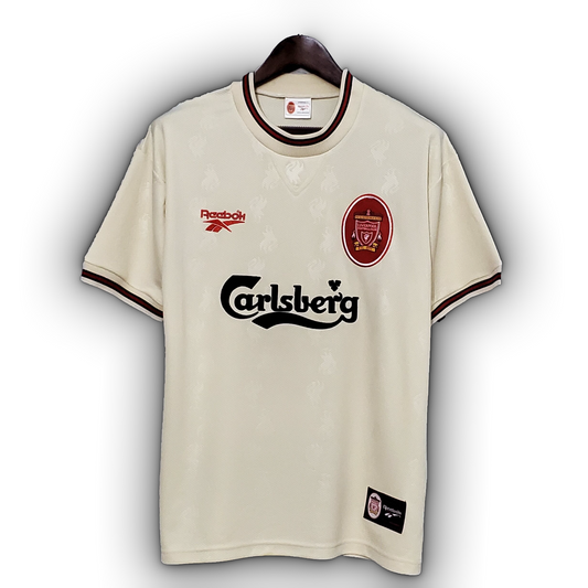 Liverpool 1996/97 away football jersey featuring Barnes #10, Owen #18, and Fowler #9 in ecru cream colorway