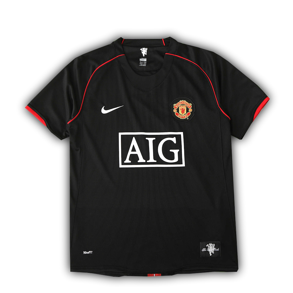 Manchester United 2007/08 away football jersey featuring Ronaldo #7 and Rooney #10 in white and gold design