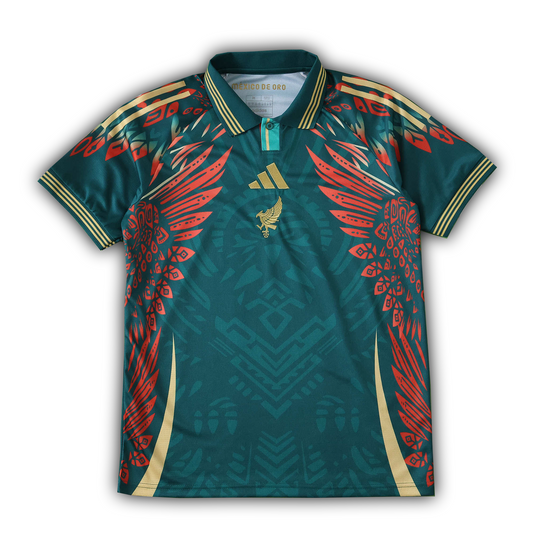 Mexico 2025 De Oro special edition football shirt with Aztec-inspired golden eagle design and red feather patterns