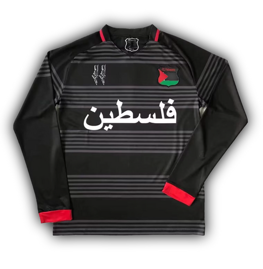 FC Palestina black football jersey with Arabic script, red trim, and horizontal grey stripes – long sleeve edition