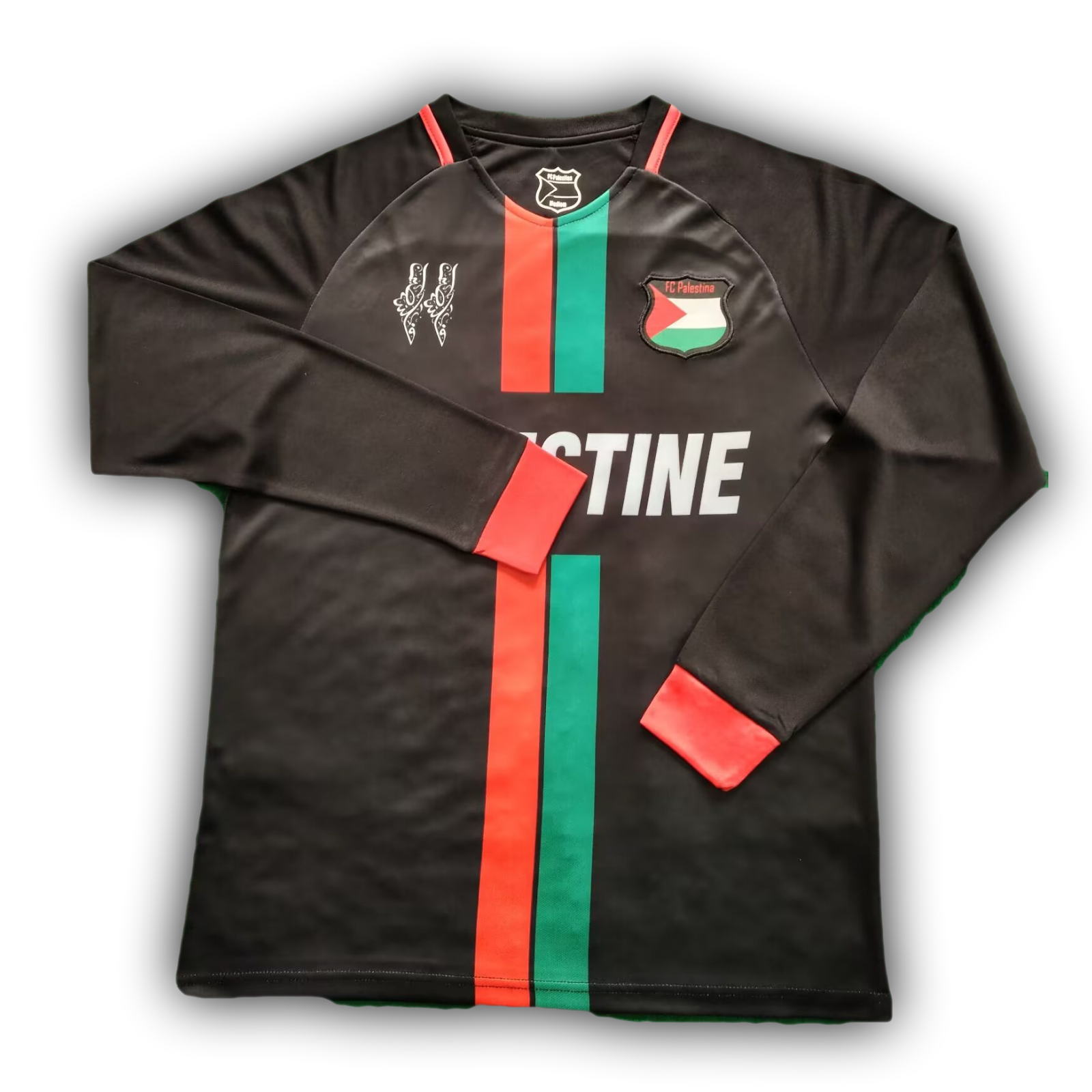 Palestine national team home football jersey – black long sleeve with red, green, and white stripe and crest