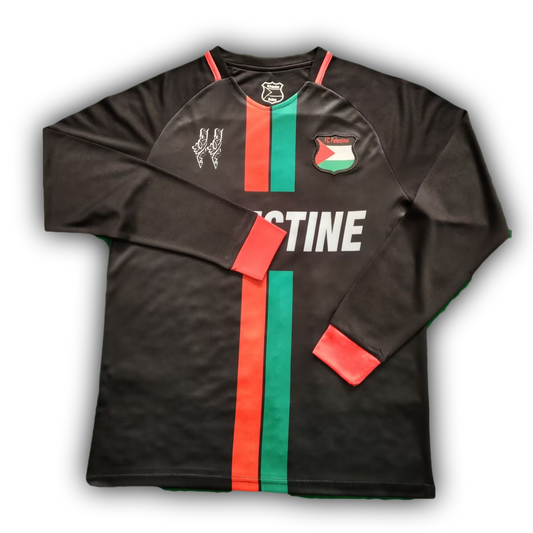 Palestine national team home football jersey – black long sleeve with red, green, and white stripe and crest