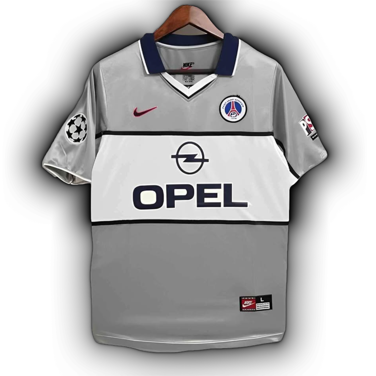 Paris Saint-Germain 2000/01 away football jersey featuring Ronaldinho #21 and Okocha #10