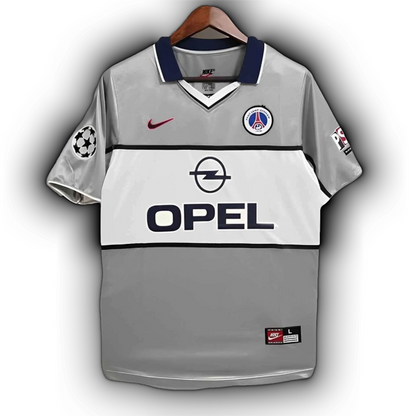 Paris Saint-Germain 2000/01 away football jersey featuring Ronaldinho #21 and Okocha #10