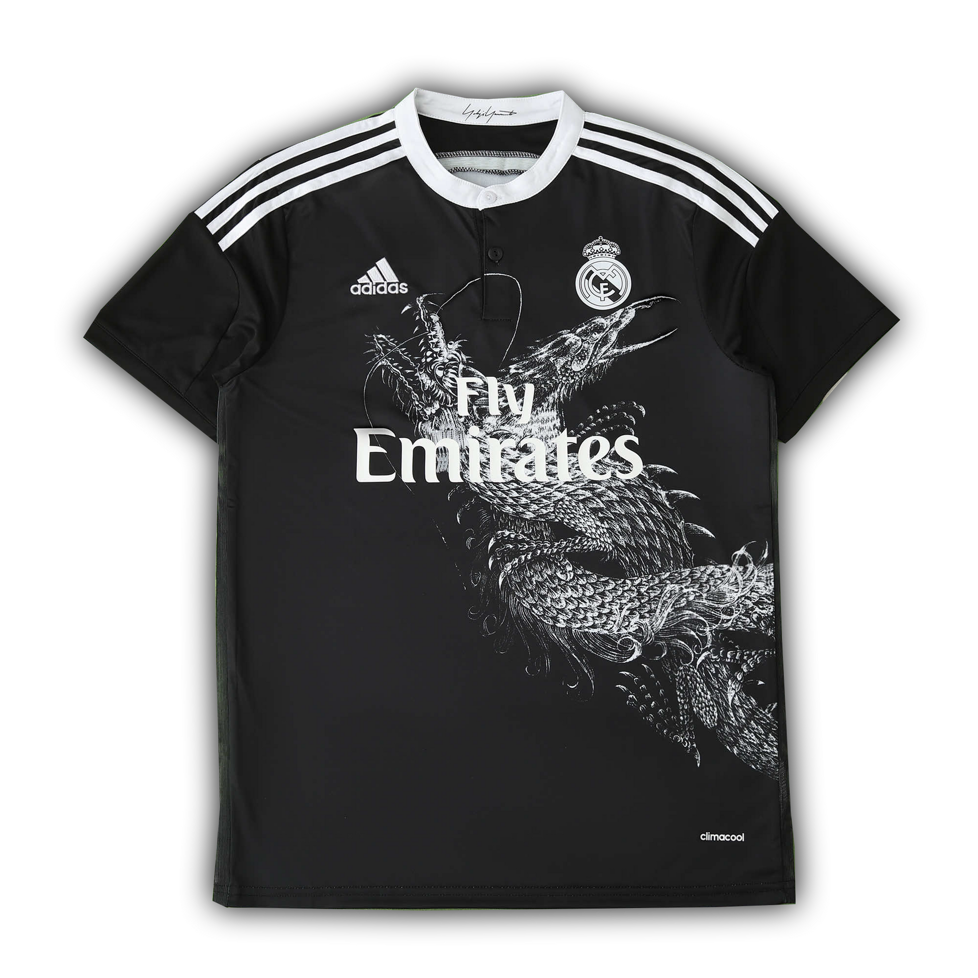 Real Madrid 2014/15 third retro football jersey with white dragon design and Cristiano Ronaldo style, Fly Emirates sponsor