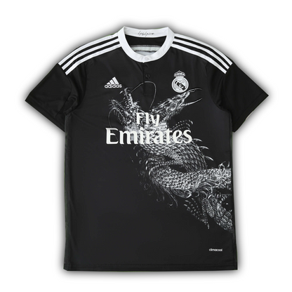 Real Madrid 2014/15 third retro football jersey with white dragon design and Cristiano Ronaldo style, Fly Emirates sponsor