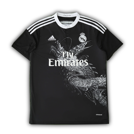 Real Madrid 2014/15 third retro football jersey with white dragon design and Cristiano Ronaldo style, Fly Emirates sponsor