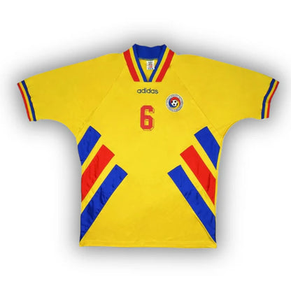 Romania 1994 home and away football jerseys featuring Gheorghe Hagi #10 in bold yellow and red-blue designs
