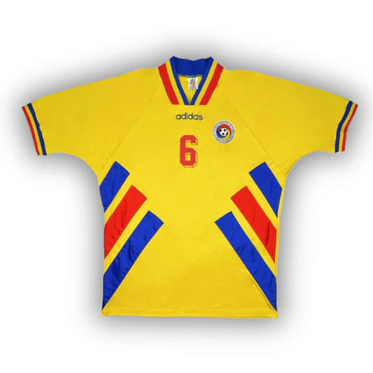 Romania 1994 home and away football jerseys featuring Gheorghe Hagi #10 in bold yellow and red-blue designs