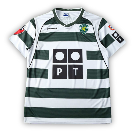 Sporting Lisbon 2001–2003 home football jersey featuring Cristiano Ronaldo #28 in green and white hoops